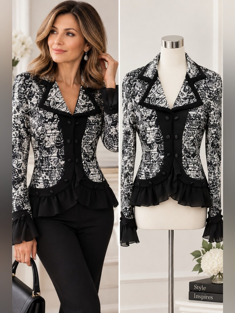 Joseph Ribkoff Black White Floral Print Ruffle Jacket Statement Blazer Size 10